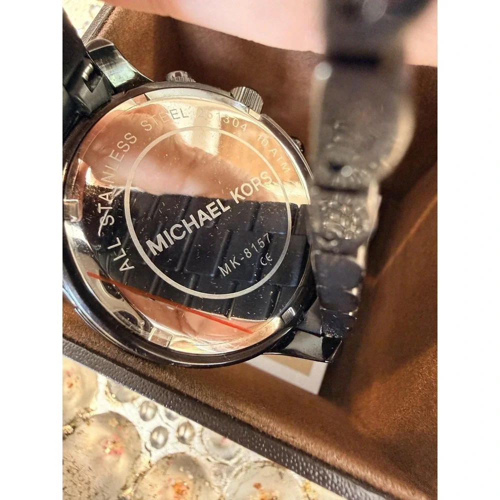 Michael Kors Runway Black Steel Chronograph Black Dial‎ Mens Watch MK8157 w/ Box